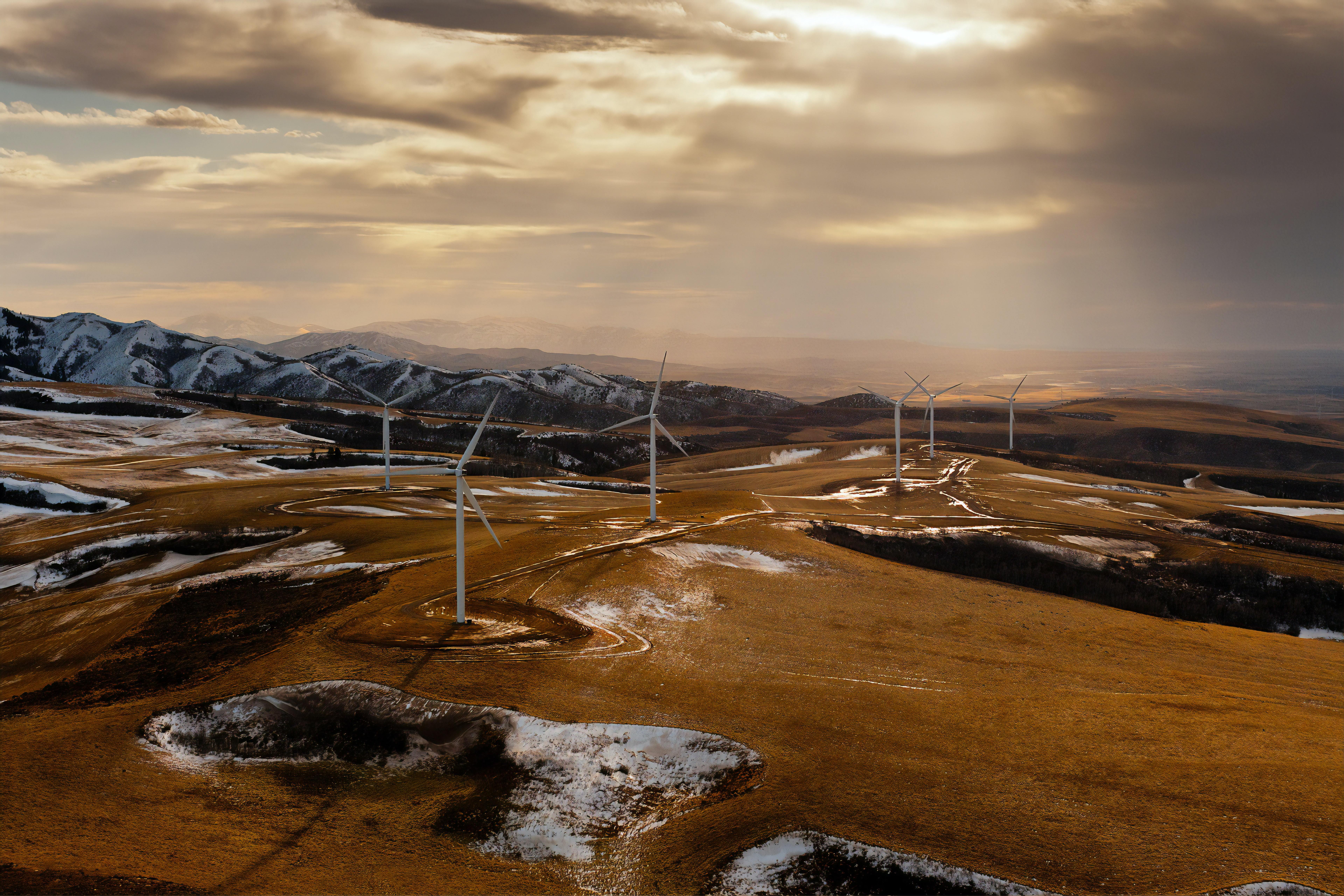 Scene of a wind farm backed by mountains