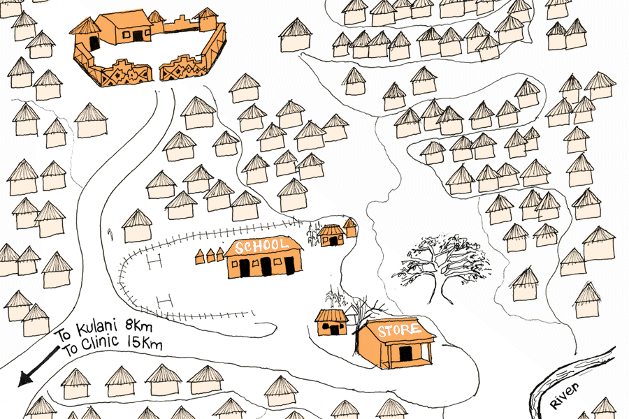 Map of a village showing locations of houses, river, chief's house and the school