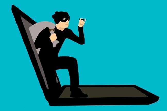 Cartoon thief exiting the screen of a laptop