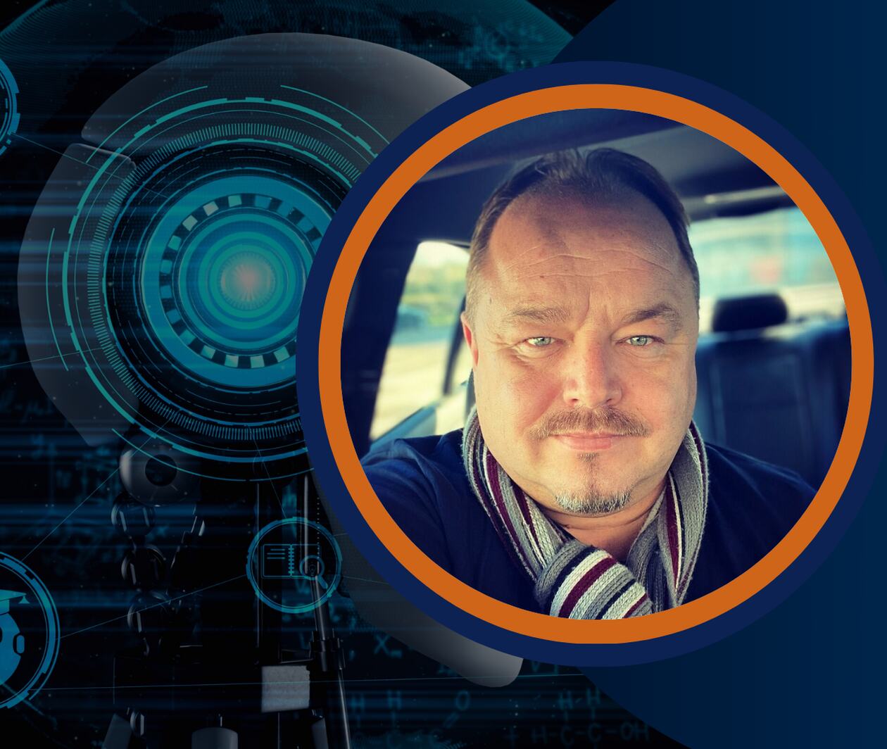 A confident man with a short beard and bright blue eyes, wearing a striped scarf and smiling in a car. The background features abstract digital elements with AI and futuristic themes, symbolizing leadership in AI and technology.