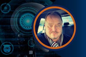 A confident man with a short beard and bright blue eyes, wearing a striped scarf and smiling in a car. The background features abstract digital elements with AI and futuristic themes, symbolizing leadership in AI and technology.