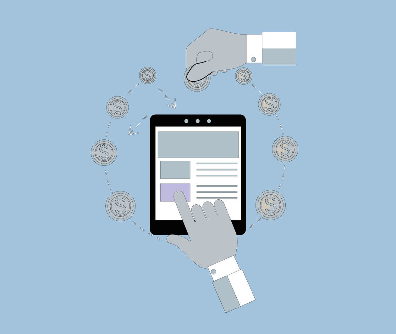 A graphic showing hands choosing between coins - a metaphor for making business funding decisions.