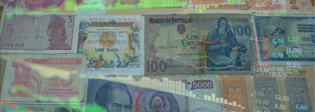 Composite image of bank notes and financial charts.