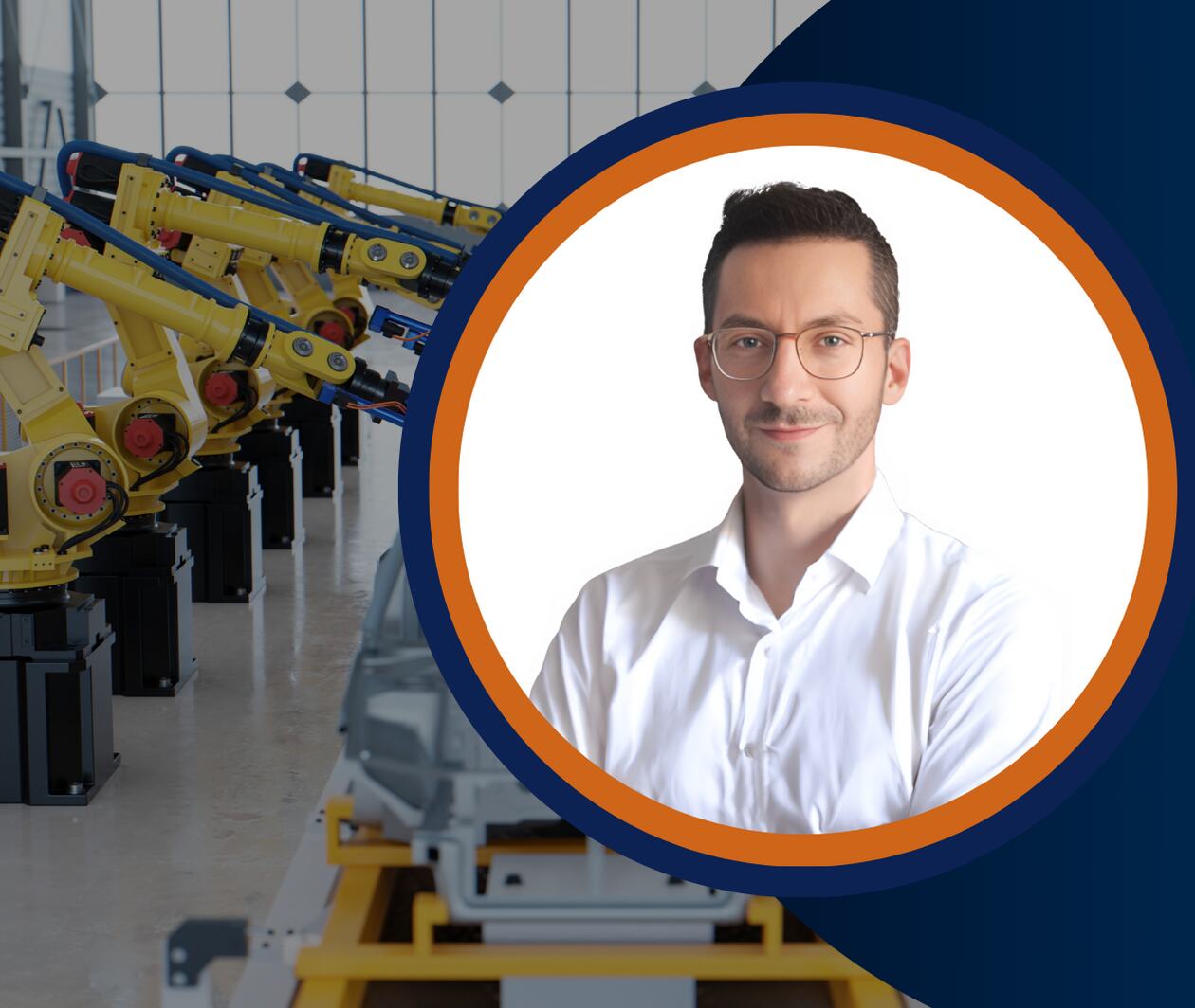 Instructor portrait with automotive factory background showing robotic arms assembling vehicles. Represents Automotive Industrial Engineering course focused on automation, supply chain, manufacturing systems, strategy, and innovation.