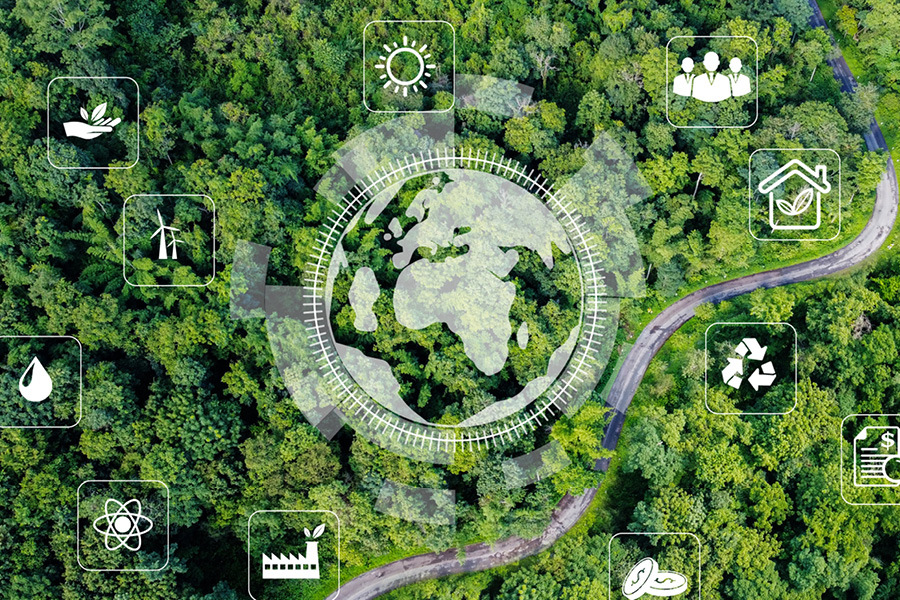 Environmental data concept. sustainable ESG modernization development by using technology of renewable resources stock photo