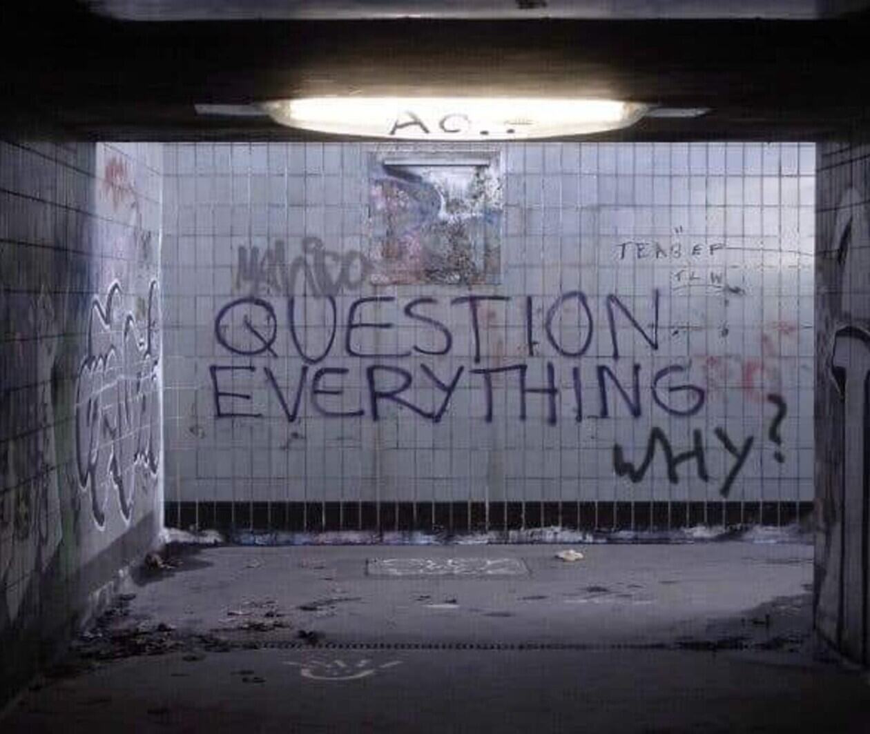 Graffiti on a subway wall "Question everything" and under it "Why?"