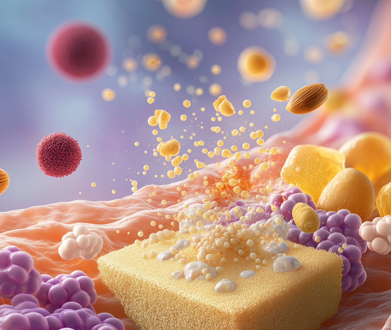 A conceptual illustration showing food molecules being broken down in the gut, featuring a sponge-like food particle surrounded by colorful lipid droplets, fibers, and microbial elements under a soft, organic background.