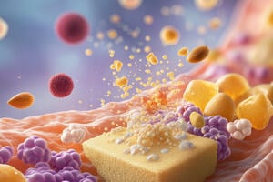A conceptual illustration showing food molecules being broken down in the gut, featuring a sponge-like food particle surrounded by colorful lipid droplets, fibers, and microbial elements under a soft, organic background.
