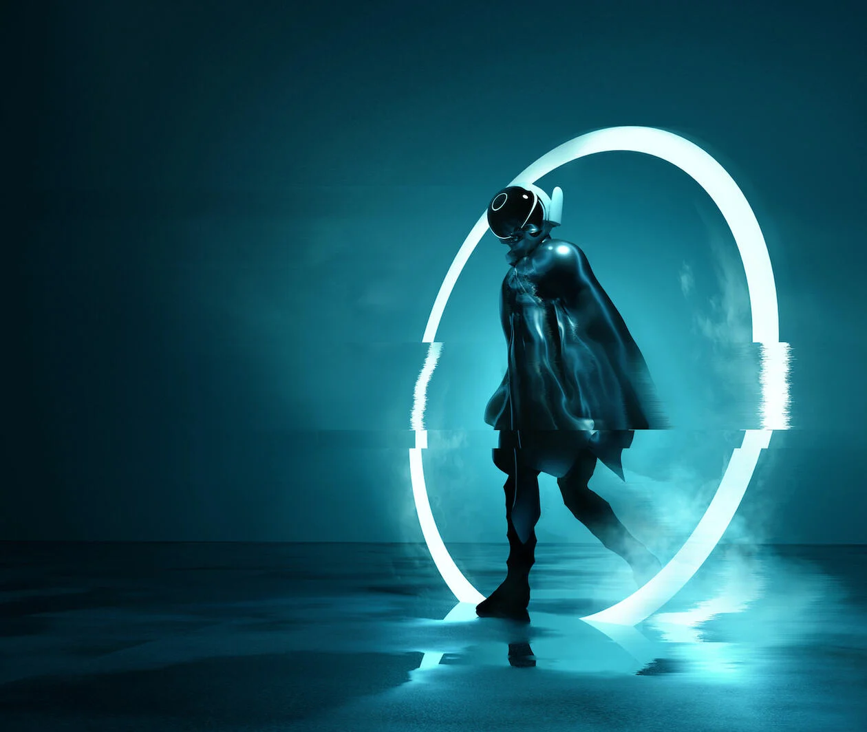 A model wearing a futuristic outfit on a neon background