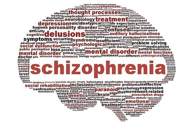 Schizophrenia word cloud in the shape of a brain