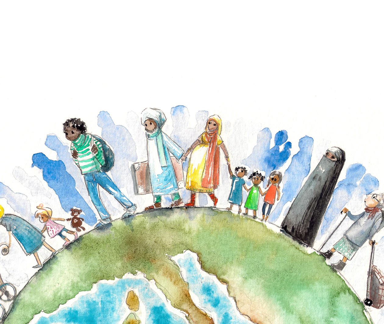 A drawn image of people walking across a globe