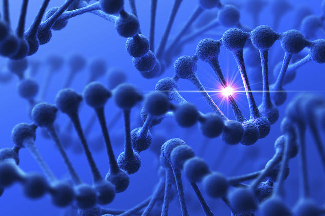 An image of the double helix with a representation of a point mutation.