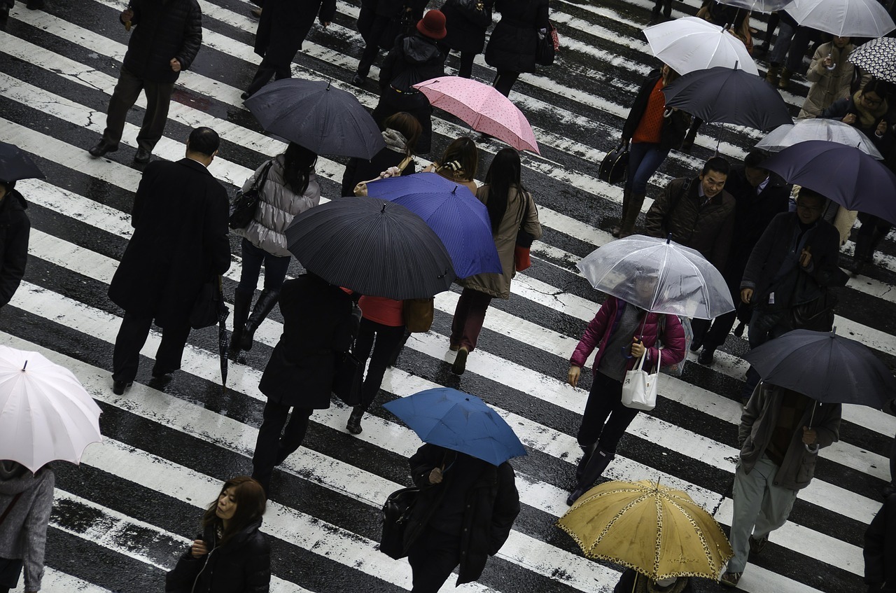 People walking with umbrellas