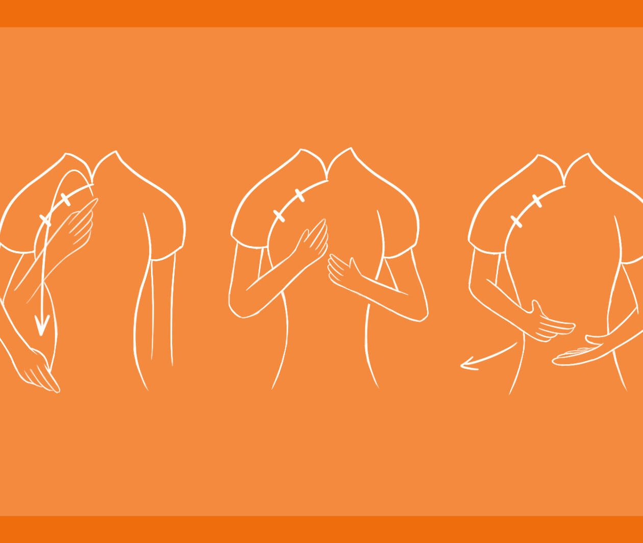 Three stylized qipao-clad torsos, signing “China,” “Sign Language,” and “Culture” in Chinese Sign Language, from left to right, on an orange background.