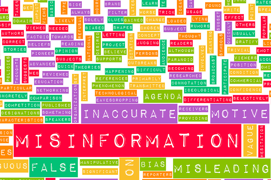 Misinformation and the Spread of Fake News with many other words in a stylised word cloud.