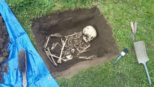 A skeleton in the bottom of a mock grave. The skeleton is partially jumbled up. There is a trowel and shovel at the edge of the grave.