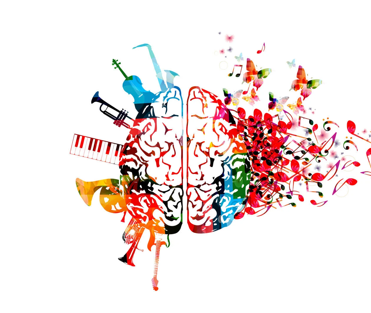 Colorful human brain with music notes and instruments 