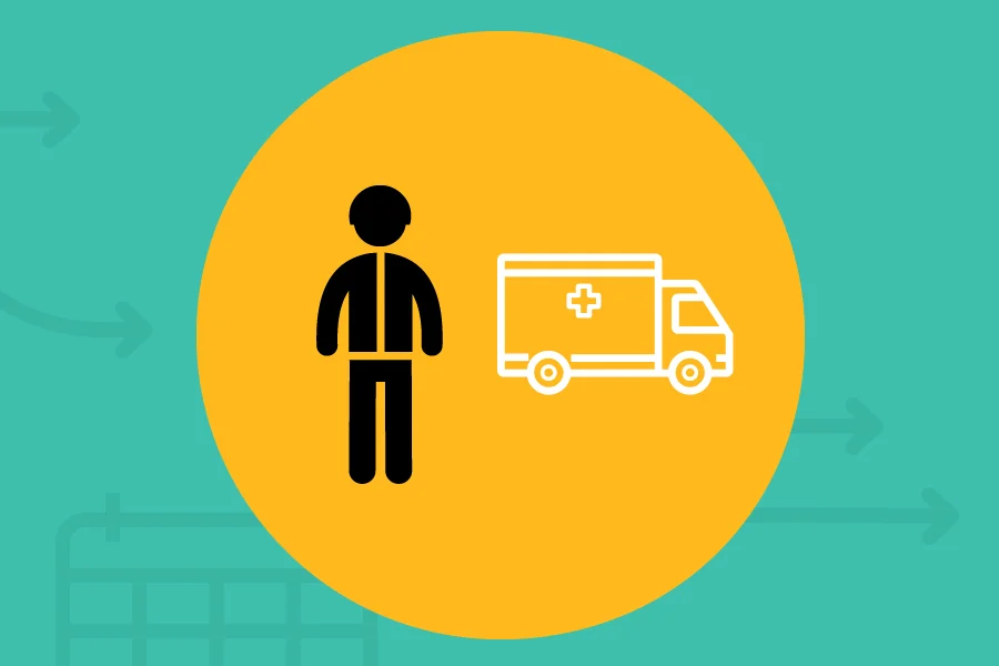 A cartoon image of a health worker is standing beside an ambulance. A yellow circle encompasses both figures with a blue-green background.