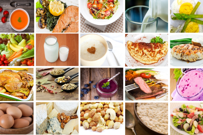 A collage of different types of healthy foods.