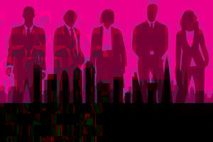 silhouettes of tall buildings, in front of silhouettes of five people wearing suits, on a pink background.