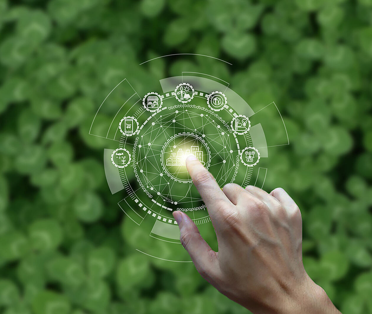 An image of a circular business model overlaid on a field of clover