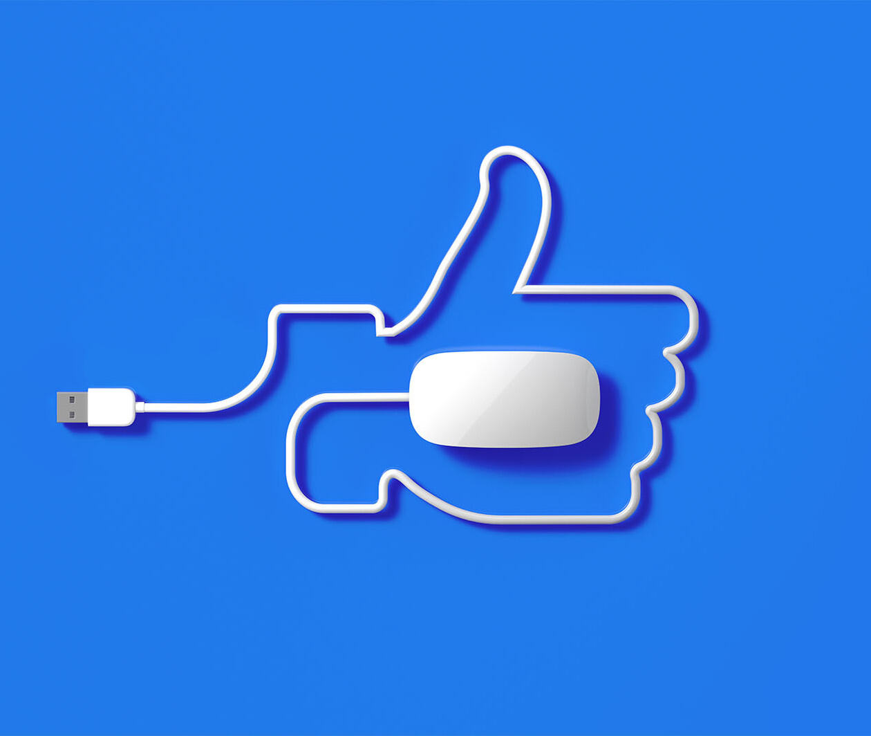 A white computer mouse with its wire forming the shape of a thumbs up on a blue background. 