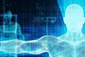 Man standing with arms wide looking futuristic in blue neon stripes