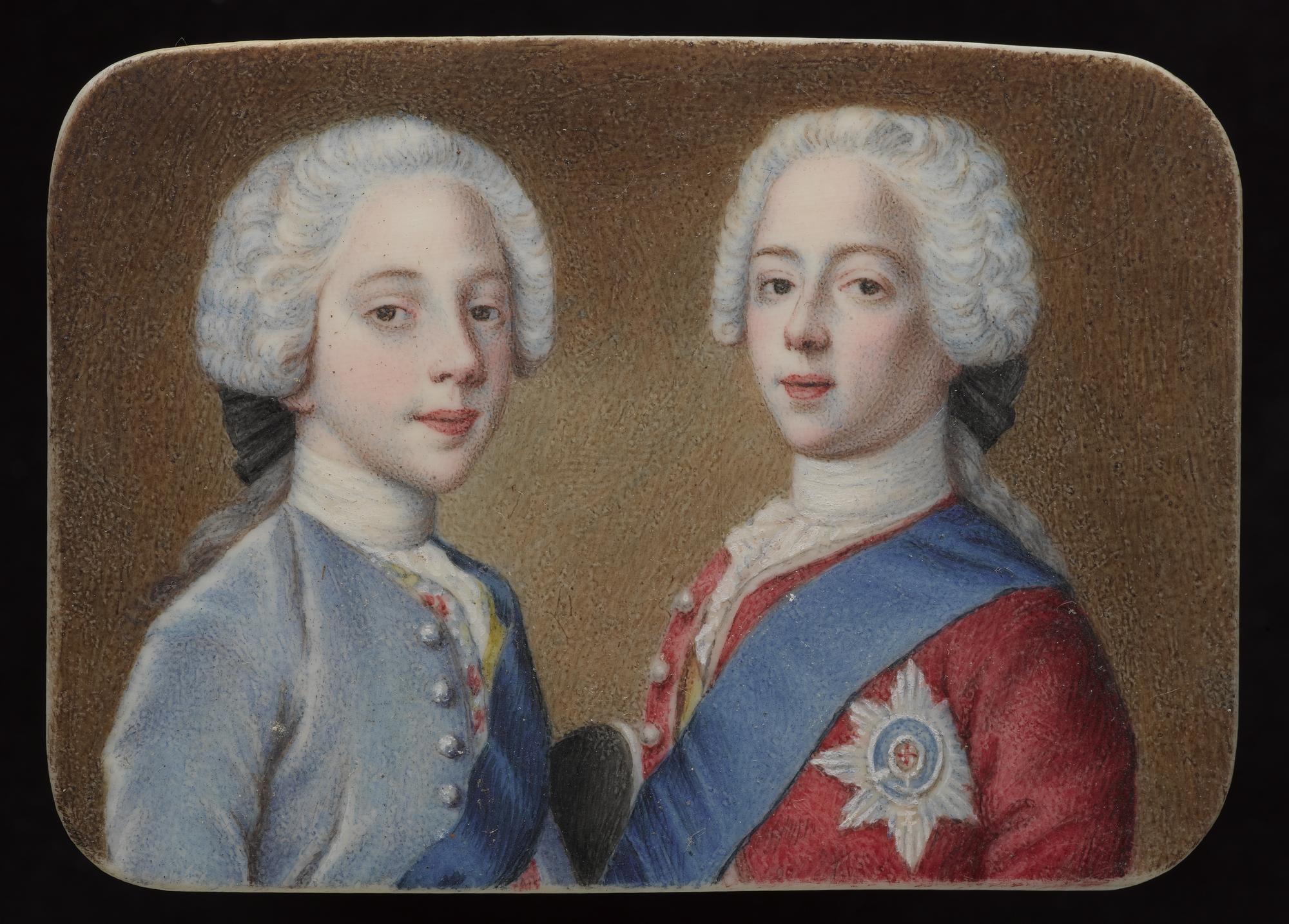 One of a collection of Jacobite relics amassed by Sir John Hynde Cotton and his descendants - a rectangular miniature, watercolour on bone, of Princes Charles Edward and Henry Benedict Stuart/H.NT246 BPC & Henry