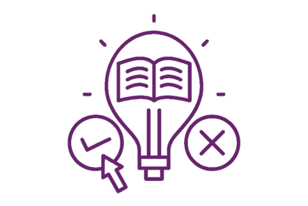 a book inside a lightbulb with a tick on the left and a cross on the right. There is a mouse clicking the tick.