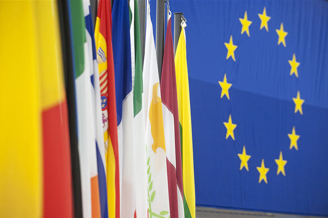 EU country flags on polls lined up in a row with the EU flag on the wall
