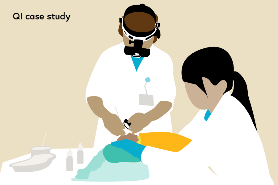 Illustration showing ROP screening: nurse gently holds a wrapped up baby still whilst the ophtalmologist examines the baby's eyes using a hand magnifier and loupe