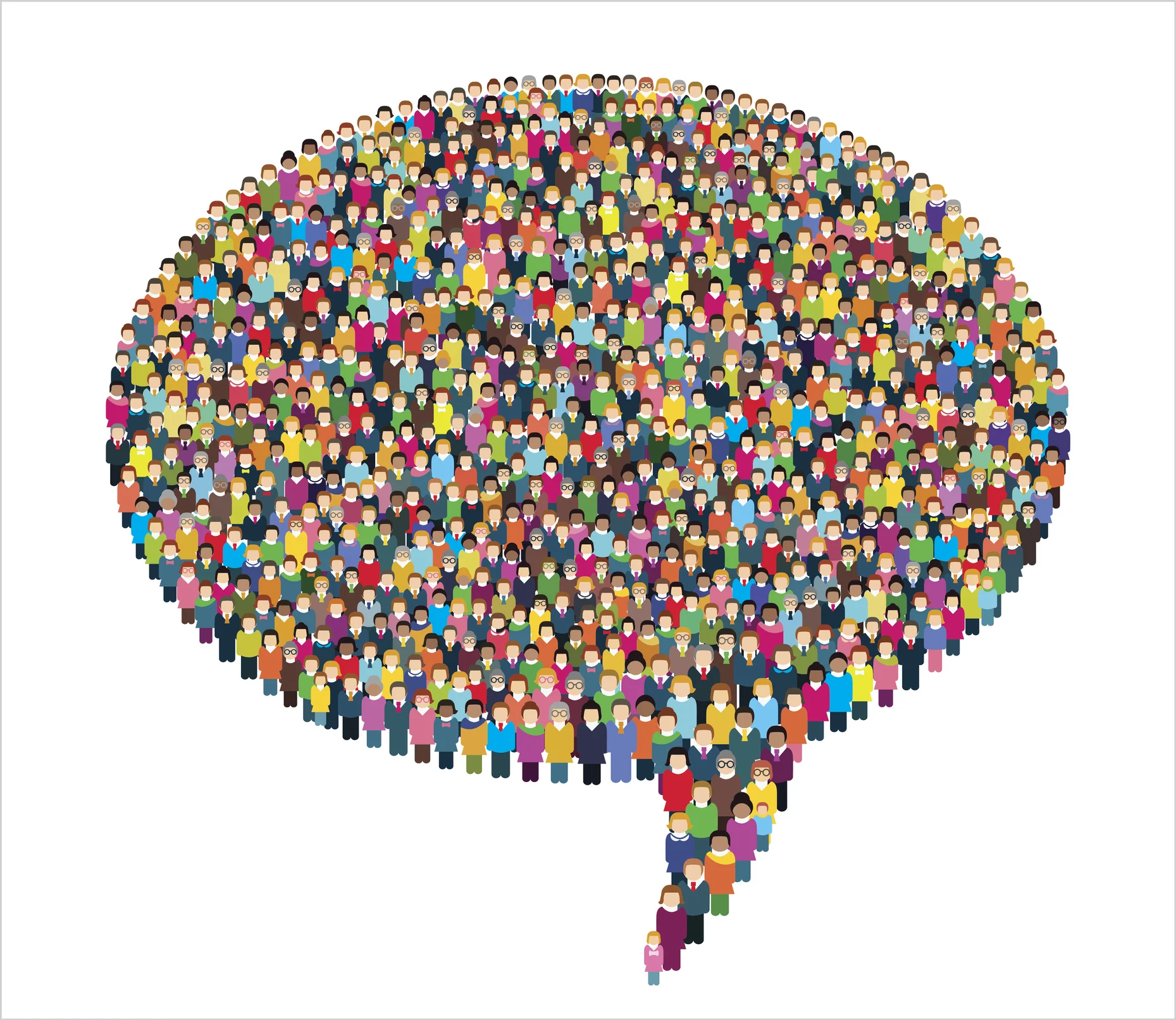 Large group of stylized people in the shape of a speech bubble.