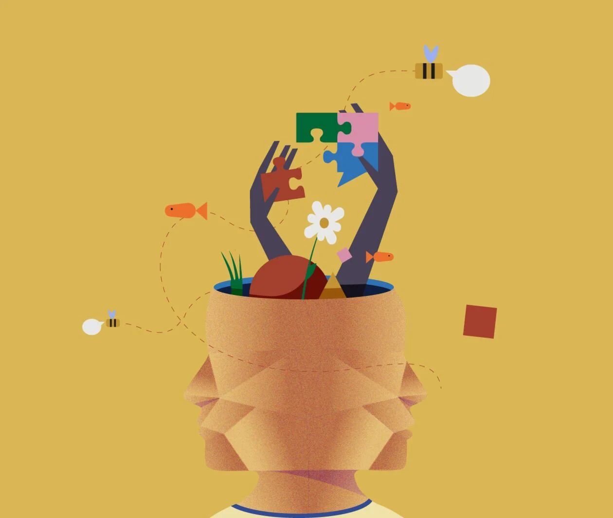 An illustration of a 2 face head in orange on a yellow background, with 2 grey hands coming out from the open head, trying to put the jig-saw puzzle together, also some bee and fish icons floating around the head.