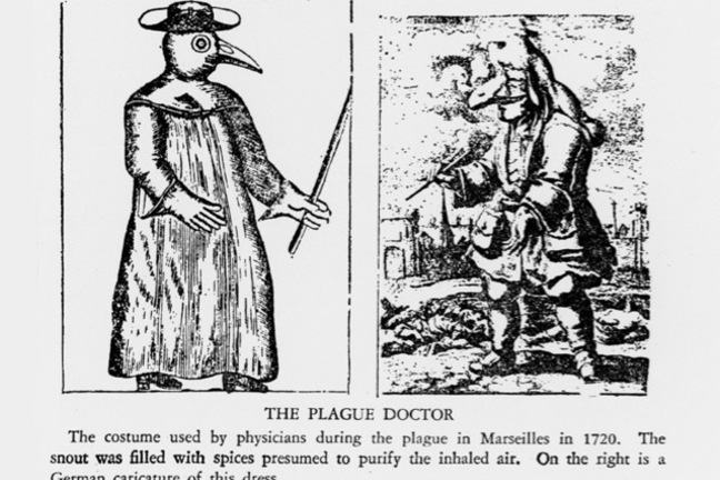 A drawing of a plague doctor in the 1700s, wearing a long robed costume with a snout in front of the nose to purify the air. Also shown is a caricature of the same outfit.