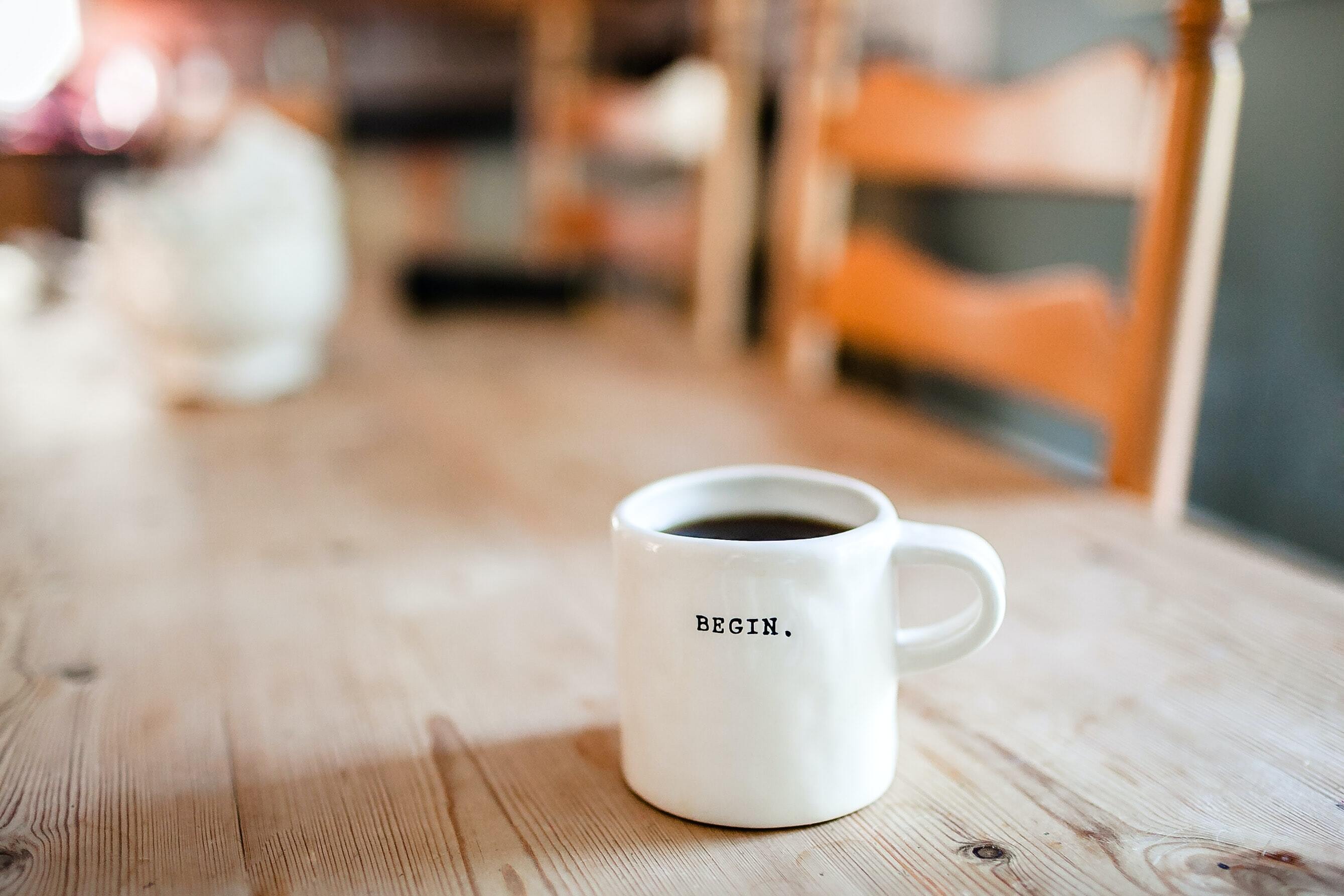 cup of coffee with the word 'begin'