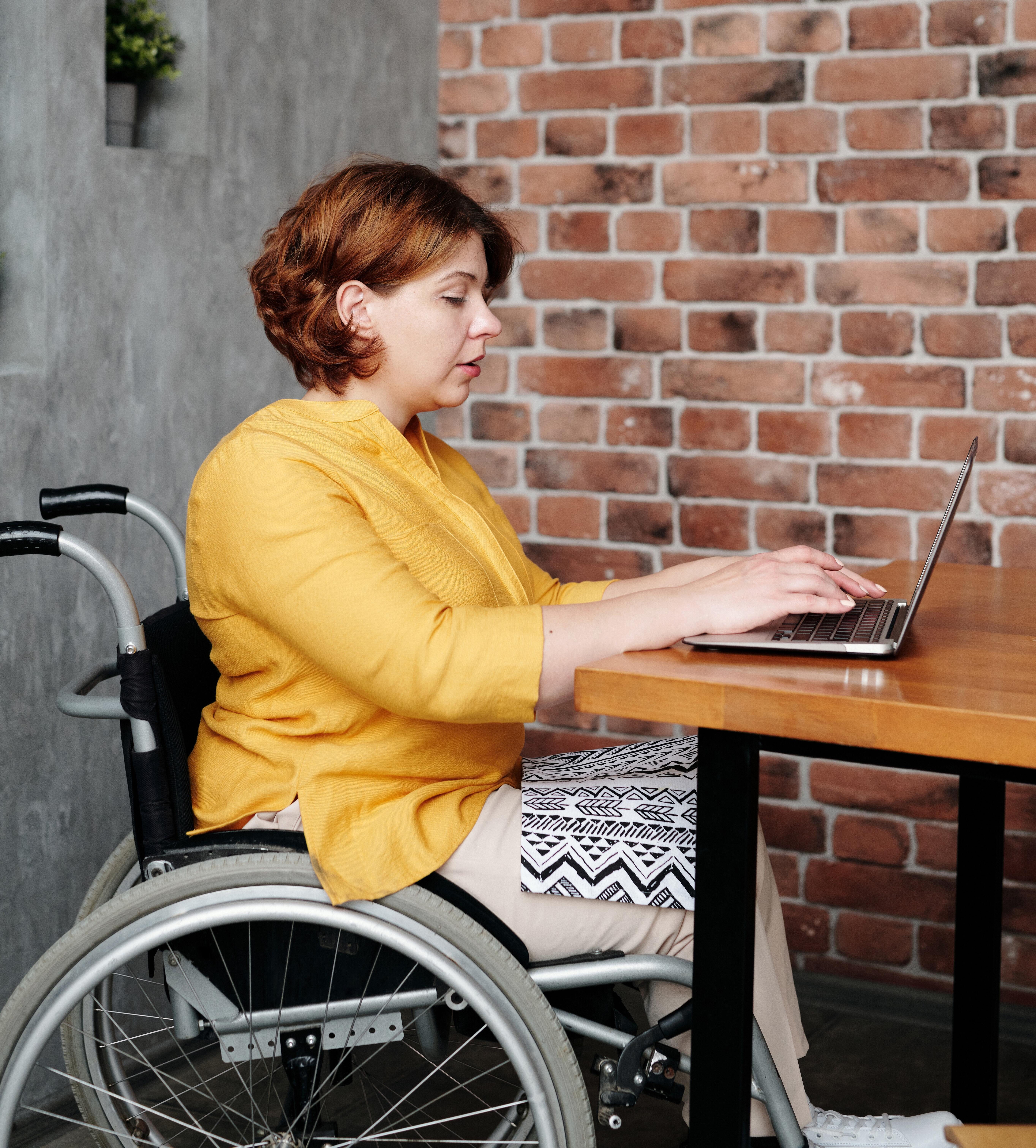 Woman in a wheelchair before a computer