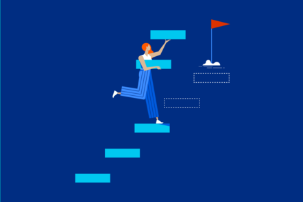 A woman setting down steps to a flag/finish line or goal