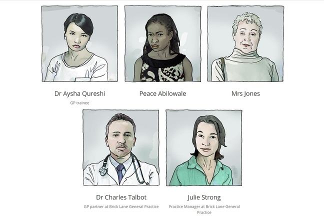 Illustration showing portrais of staff at Brick Lane General Practice: Dr Aysha Qureshi (GP trainee), Dr. Charles Talbot (GP partner), Julie Strong (Practice Manager) and Peace Abilowale & Mrs Jones