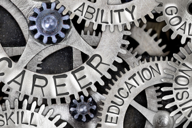 Many cogs working together with words on them; career education, ability and skill.