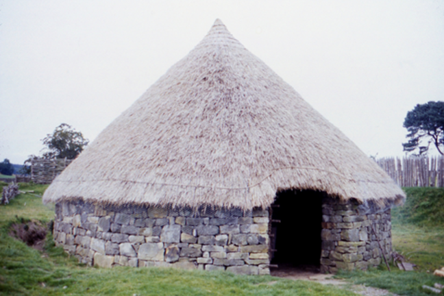 A reconstruction of a circular Iron Age round dwelling with thatched roof.