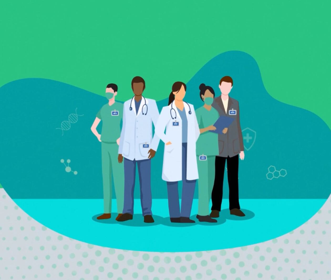 An animated picture of a group of mixed health care professionals 