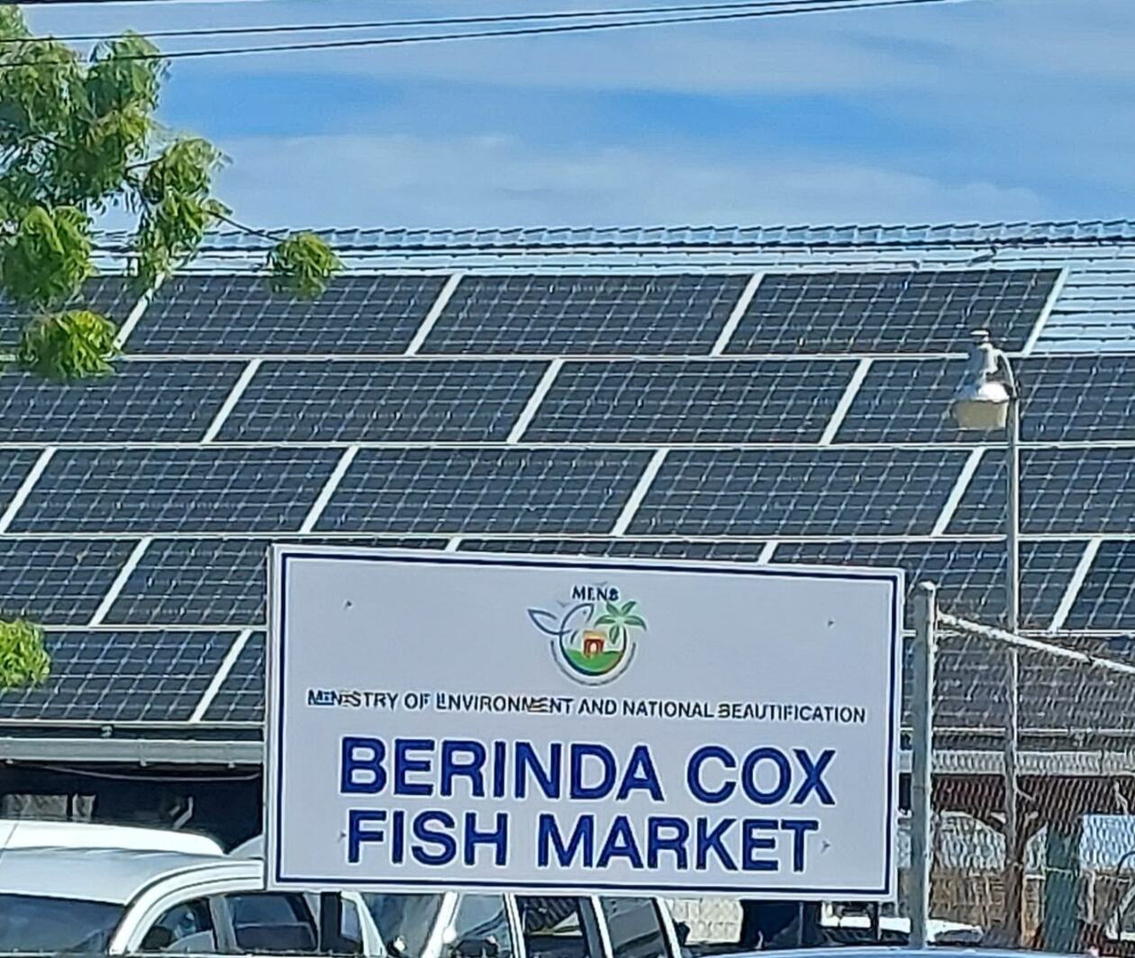 Photo of a fish market roof covered in photovoltaic panels