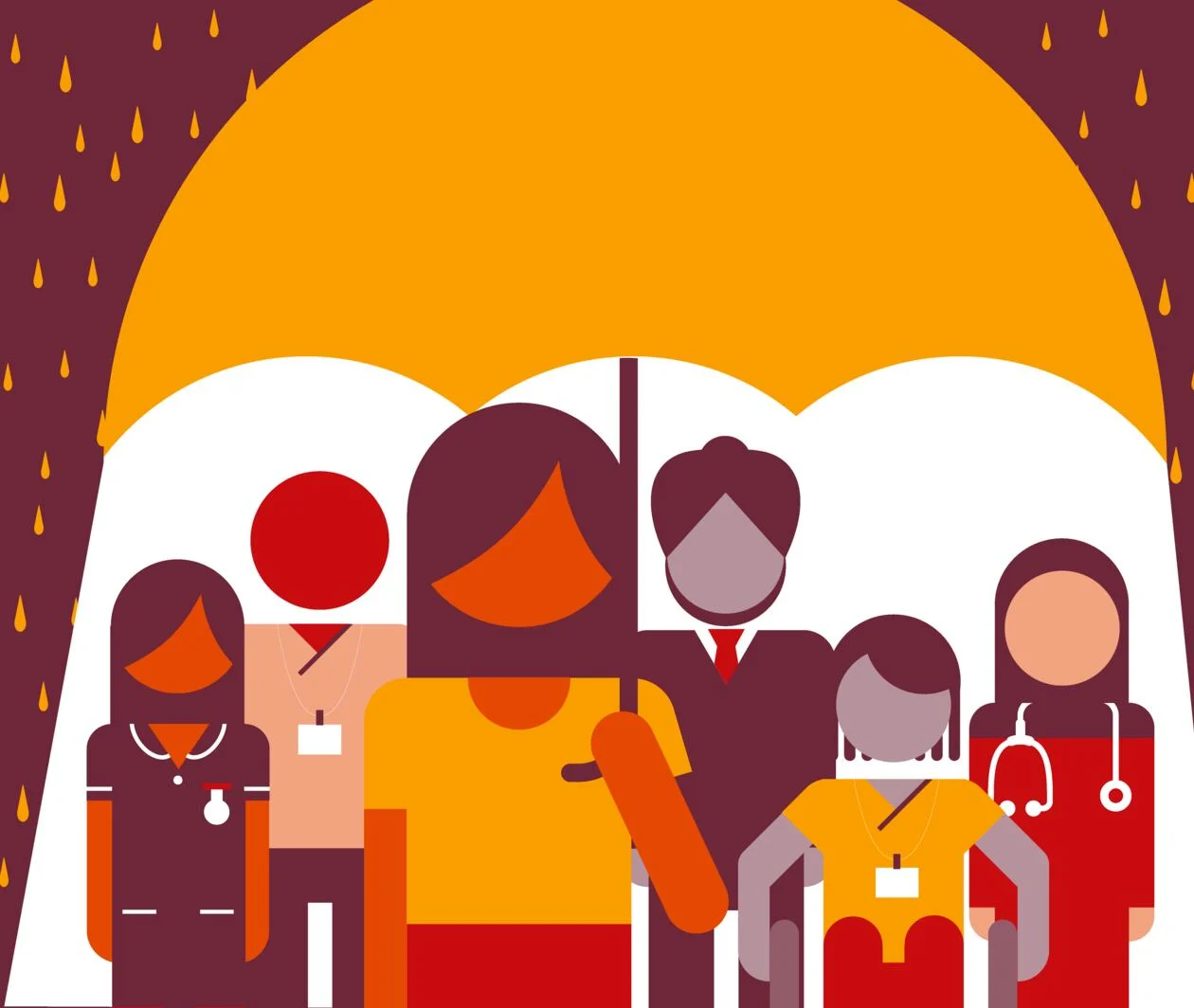 Image of woman holding an umbrella and shielding a team of people from the rain