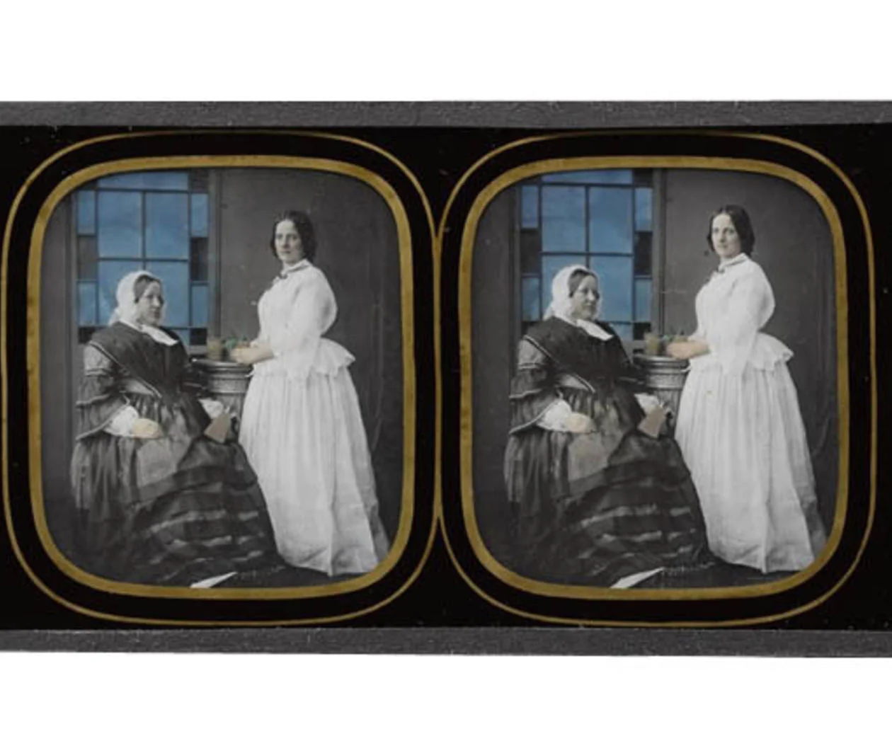 Stereo ambrotype, glass, depicting two unidentified women, one seated and one standing, the latter holding a plant on a plinth, by Charles F. Ravis, Bristol, 1857 – 1859/ IL.2003.44.1.162 © Howarth-Loomes Collection at National Museums Scotland