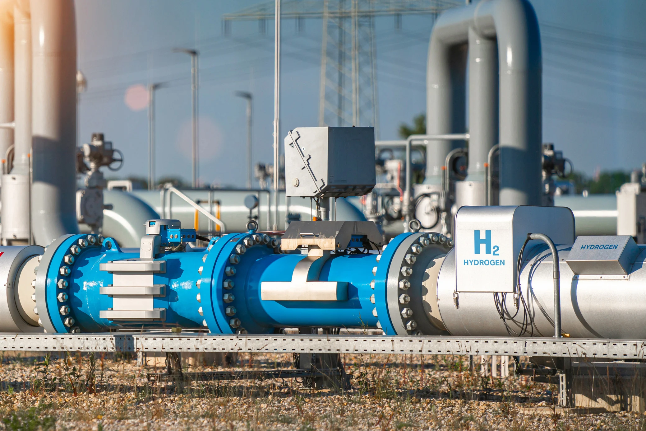 Hydrogen renewable energy production pipeline at a solar and wind turbine facility.