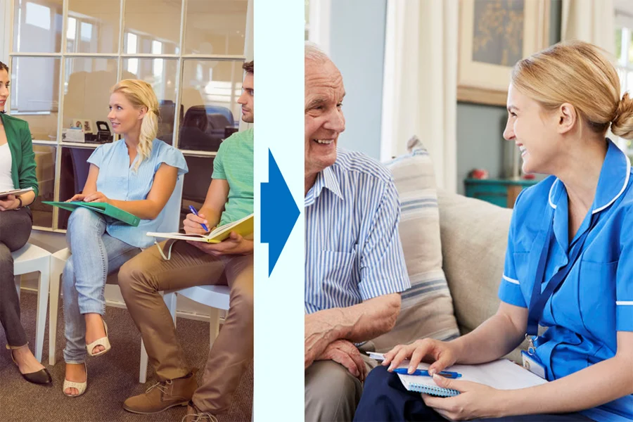 Image is split vertically. Left shows woman in civilian clothes in a discussion group. Right shows same person in nurse's uniform with a patient.