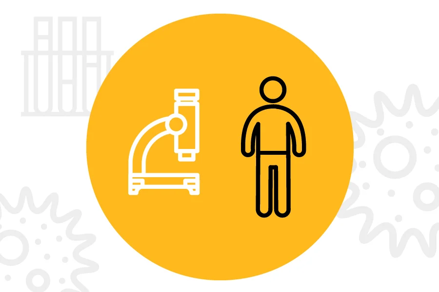 A cartoon image of a person is standing beside a microscope. A yellow circle contains both figures while sketches of microscopic organism and a rack of test tubes is seen on the white background.