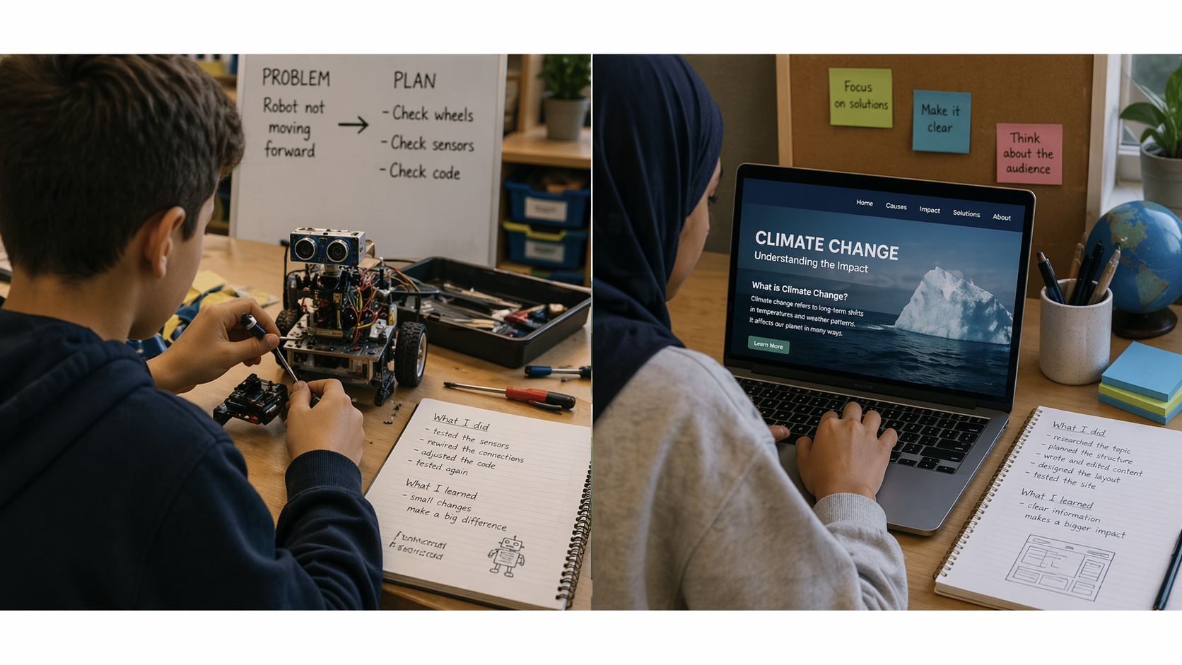 Jake and Aisha need to describe their projects and show what they can do Students with examples of their project work