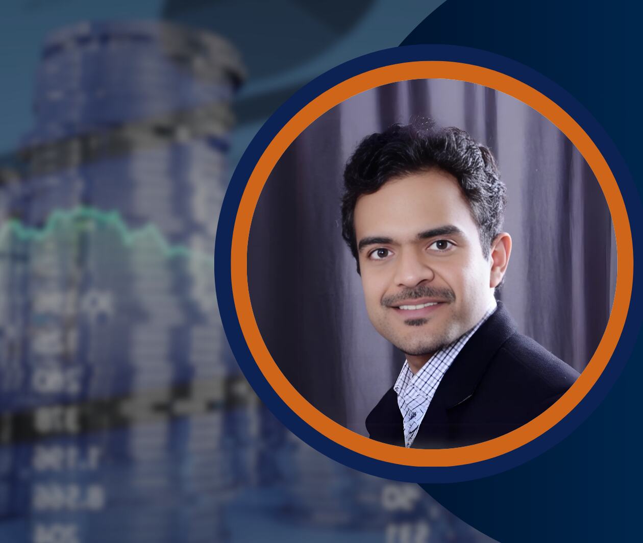 Portrait of blockchain expert Aseem Singhal, lead instructor for the 'Revolutionizing Finance: Mastering Blockchain Foundations' course, shown against a digital finance-themed background featuring stacked coins and data charts.