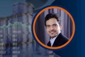 Portrait of blockchain expert Aseem Singhal, lead instructor for the 'Revolutionizing Finance: Mastering Blockchain Foundations' course, shown against a digital finance-themed background featuring stacked coins and data charts.